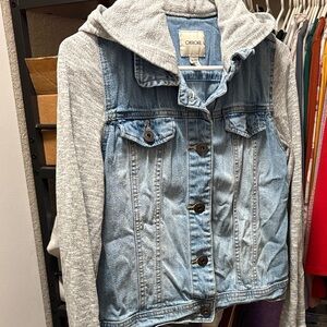 Cherokee Light Blue Denim Jacket with Heather Gray Hoodie Sleeves